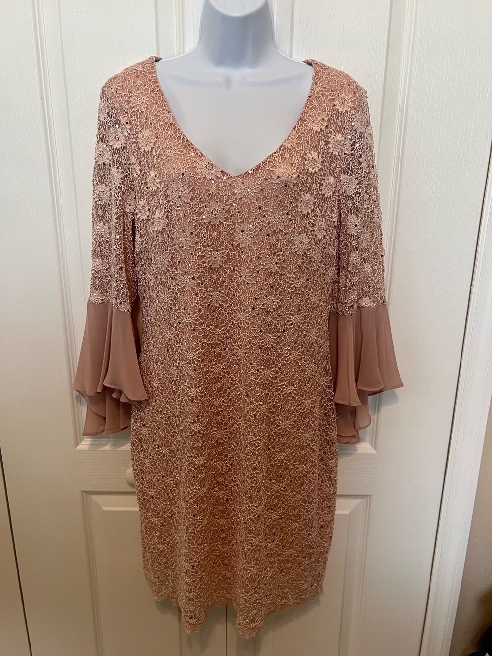 connected apparel Blush Pink Lace V-Neck Dress with Ruffle Sleeves